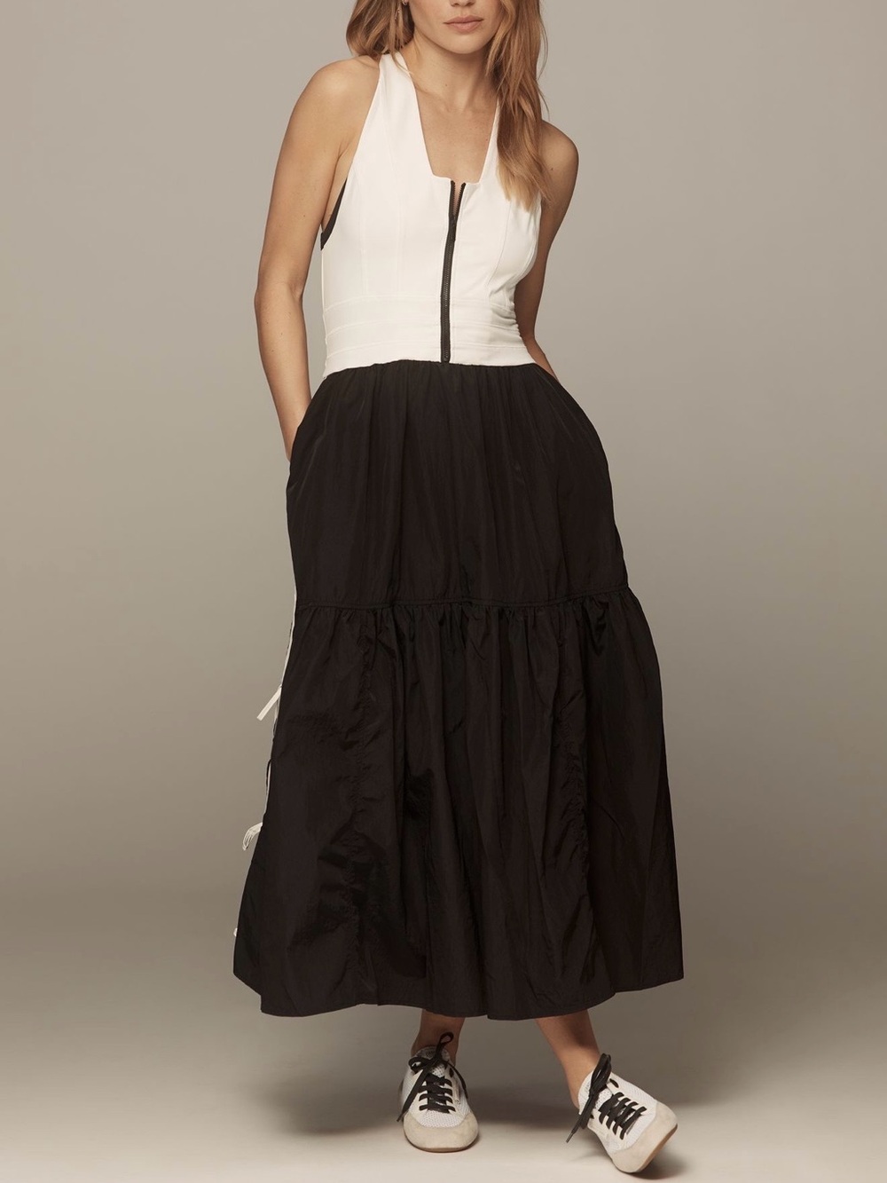 Two-Tone White Bodice Black Maxi Skirt - Women's Sleeveless Dress